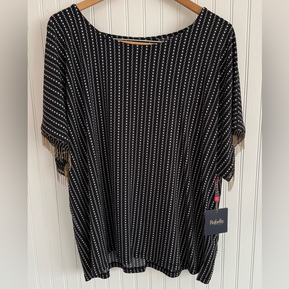 Rafaella Tops - Rafaella Black and White Top Size Large NWT with beaded fringe sleeves
